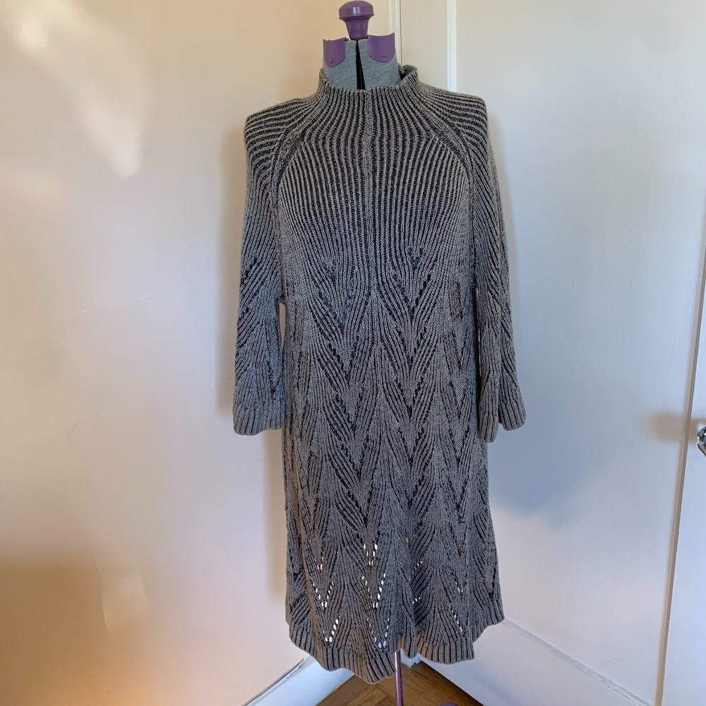 BCBGMAXAZRIA Gray Merino Wool Pointelle Knit Mock Neck Sweater Dress Small